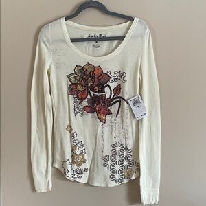 Lucky Brand Cream and Brown Floral Long Sleeve Tee